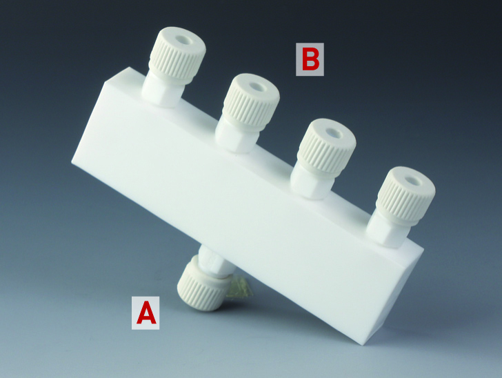 Manifold, M14, for slange o.d. 4 mm, PTFE, 3 porte