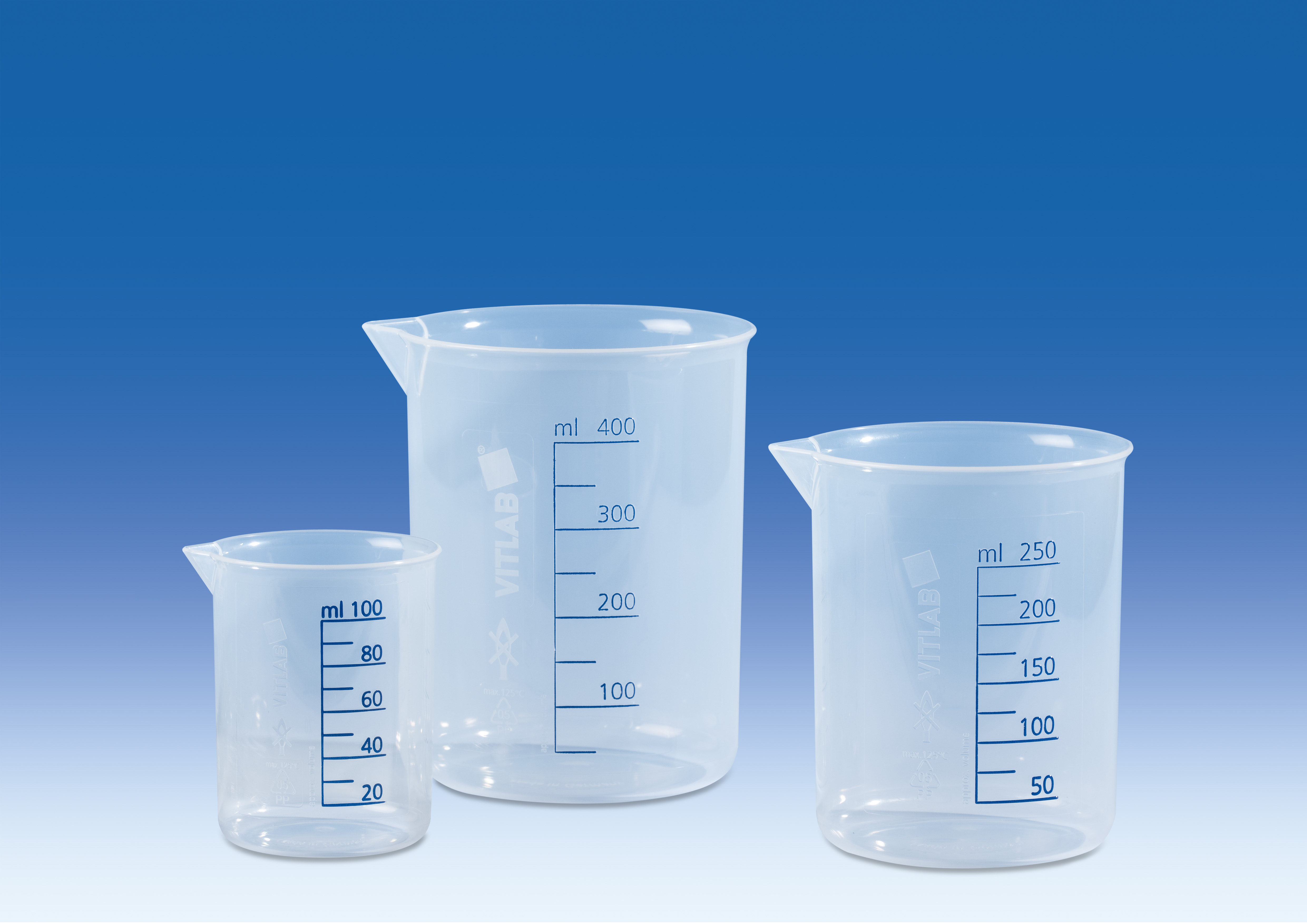 Beaker 50 ml PP, with blue scale, 12 pcs