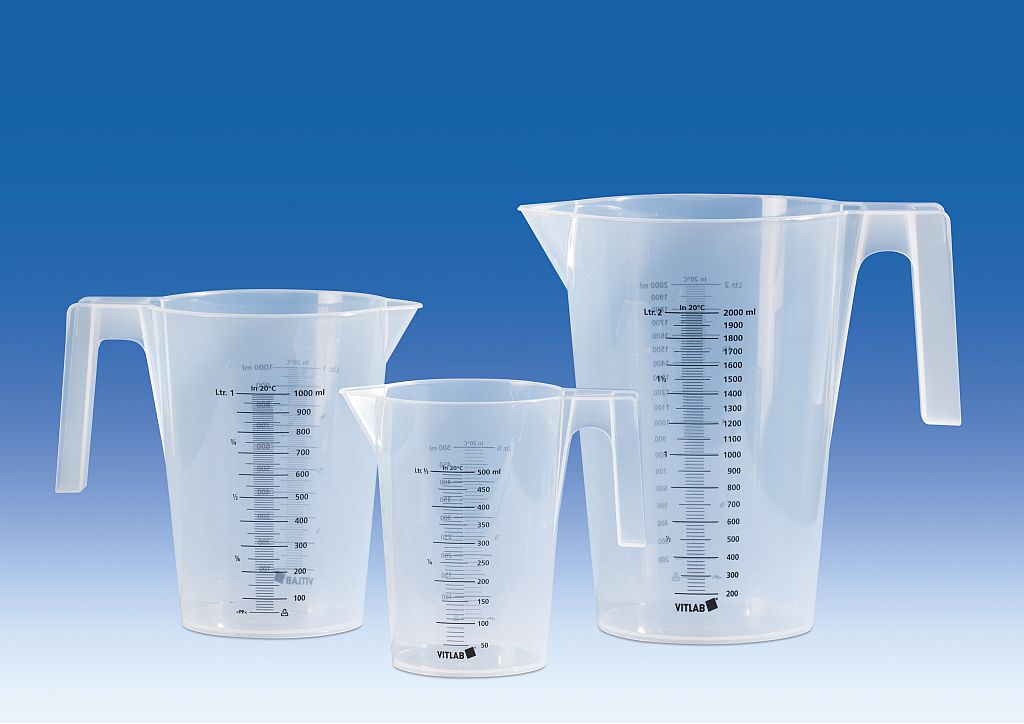 Beaker with handle 250 ml PP, blue scale, 12 pcs