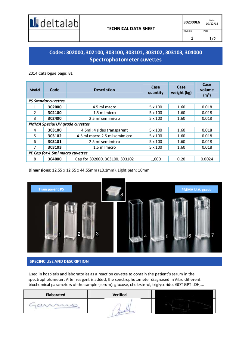 

Cuvettes Datasheet

