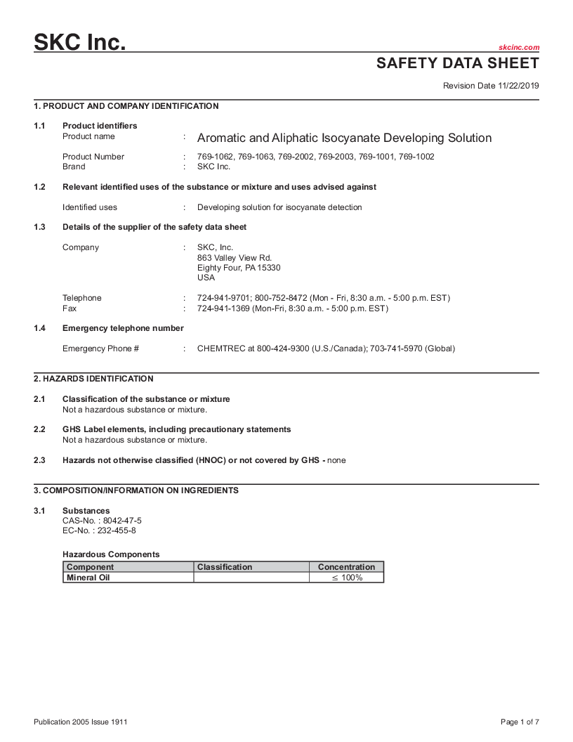 

SDS Aromatic and Aliphatic Isocyanate Developing Solution ENG

