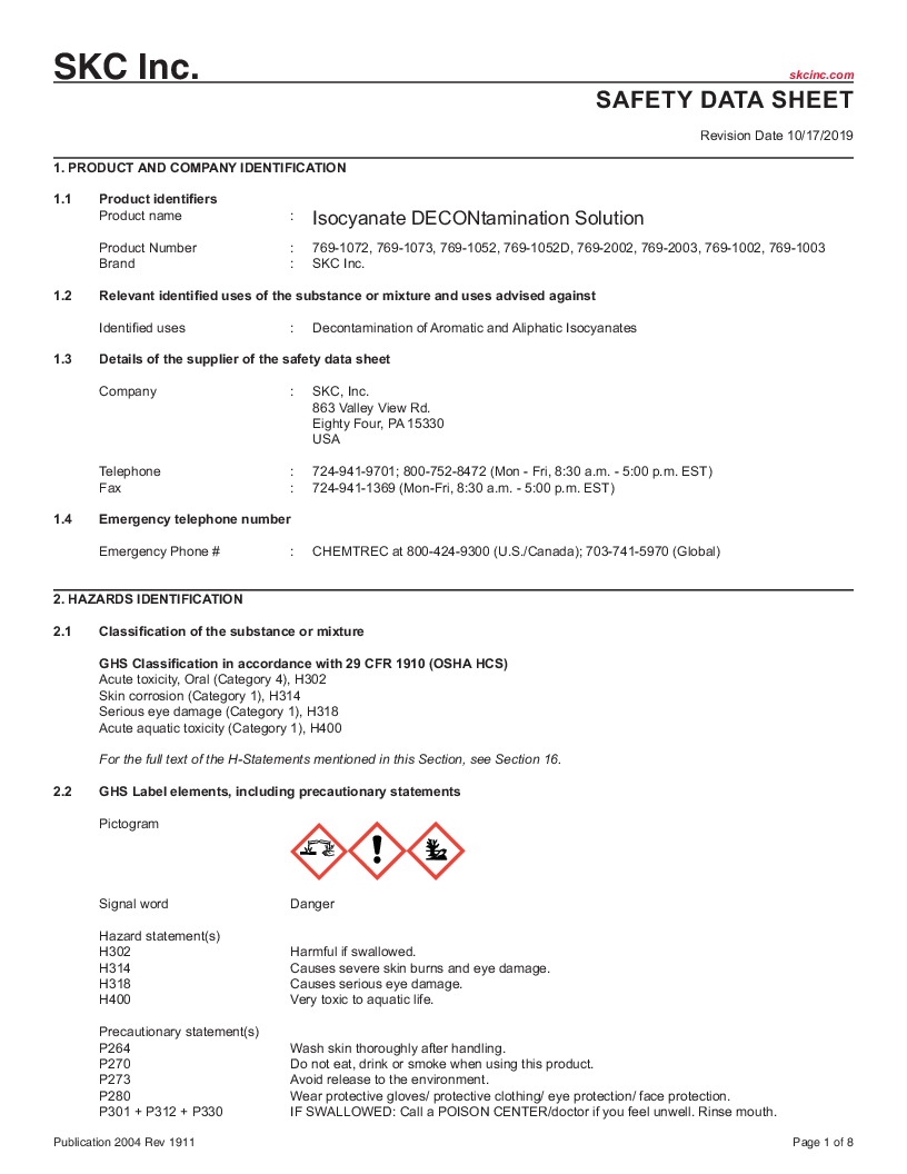 

SDS Isocyanate DECONtamination Solution ENG

