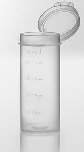 Container with hinged lid. 50 ml.  33 x 80 mm. Graduated