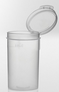 Container with hinged lid. 80 ml 45 x 80 mm. Graduated at 80 ml