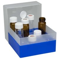 Box for N24 screw vials. 16 positions. 130 x 130 x 102 mm. Blue....