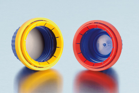 Skruelåg, sikring, GL45, PP, blå-rød, 10stk