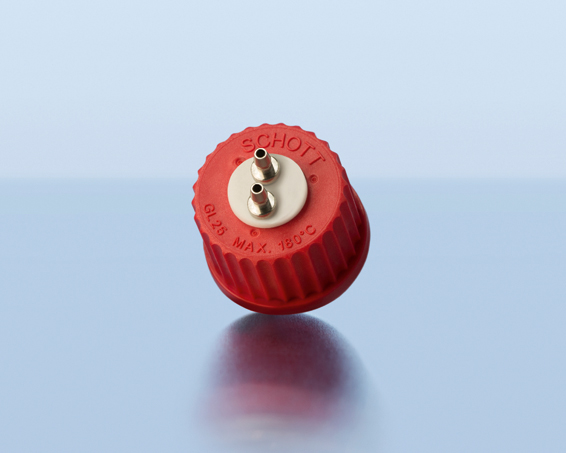 DURAN Låg GL25, PBT, rød, PTFE med 2-ports (SS)