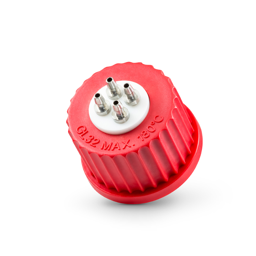 DURAN Låg GL32, PBT, rød, PTFE, 4-port (SS)