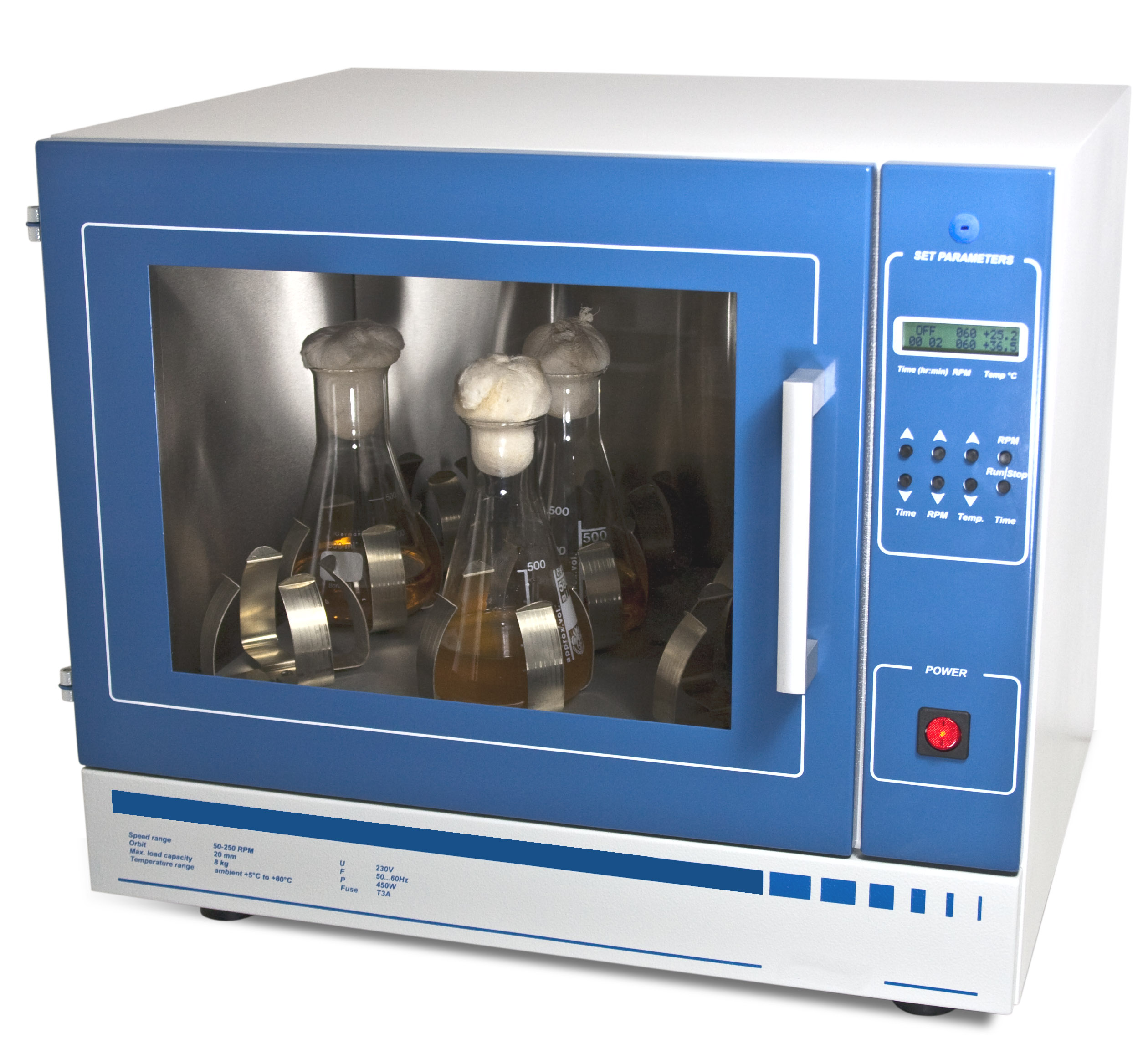 Orbital shaker-incubator, 50 - 250 rpm, 25 - 80°C.