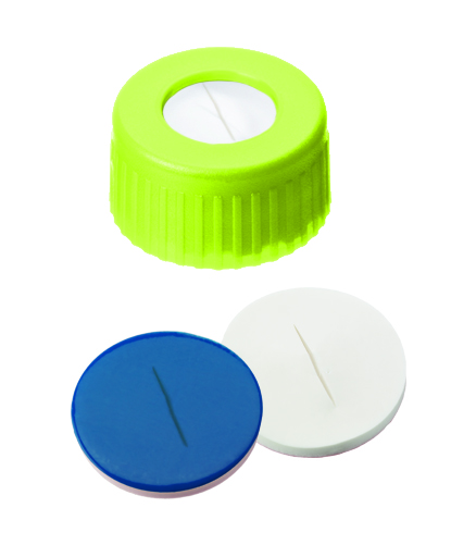 Skruelåg 9mm, gul, m/hul, sil/PTFE, slit, 100stk