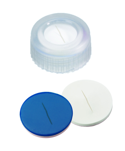 Screw cap 9mm w/hole, trp, sil/PTFE sl., 100p