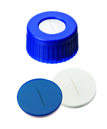 Screw cap 9mm w/hole, blu, sil/PTFE slit, 100 pcs