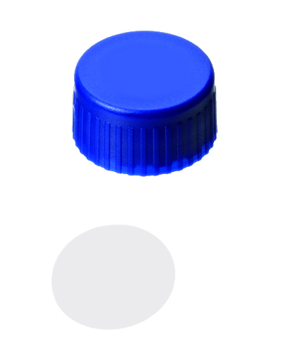 Screw cap ND9 PP wo/hole, PTFE blue, 100 pcs
