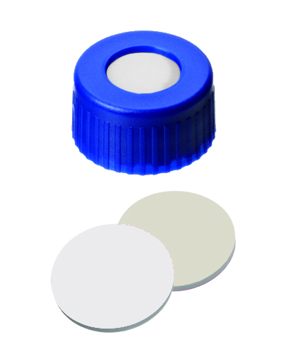 Screw cap 9mm w/hole, blue, sil beige/PTFE, 100pcs