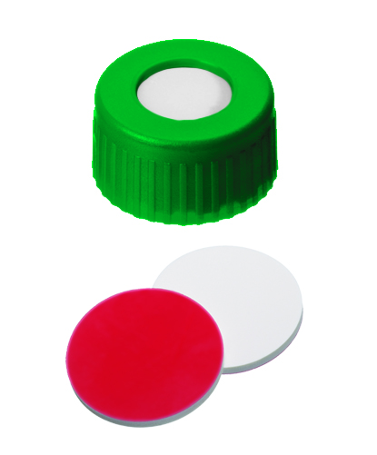 Screw cap 9mm w/hole, green, sil/PTFE, 100pcs