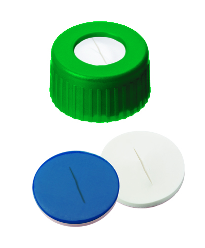 Screw cap 9mm m/hole,green, sil/PTFE slit, 100pcs