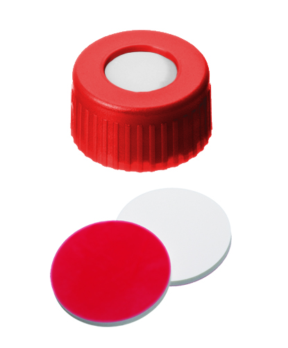 Screw cap 9mm w/hole, red, sil/PTFE, 100pcs