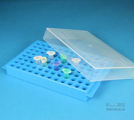 Stativ, mikrorør, m. låg, 8x12 pos., PP, blå