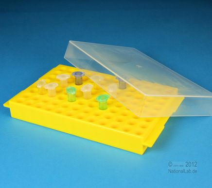 Stativ, mikrorør, m. låg, 8x12 pos., PP, gul